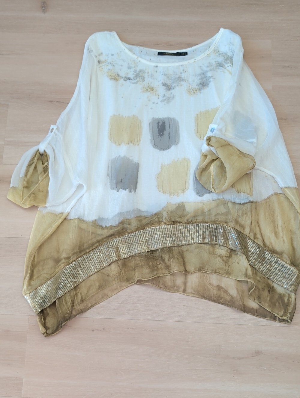 Lightweight White & Gold Sheer Women's Top with Metallic Trim